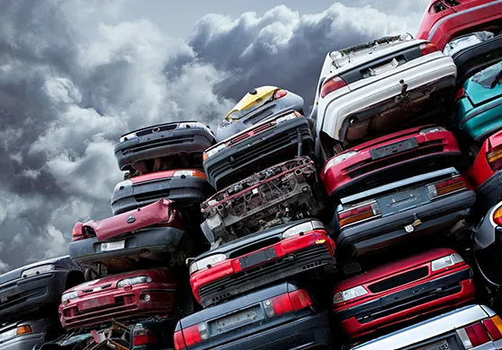A chaotic stack of cars piled on top of each other, showcasing a disorganized arrangement of various vehicle models.