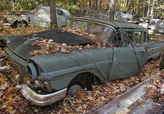 An old car covered in leaves and debris symbolizes neglect and the importance of choosing reliable services.