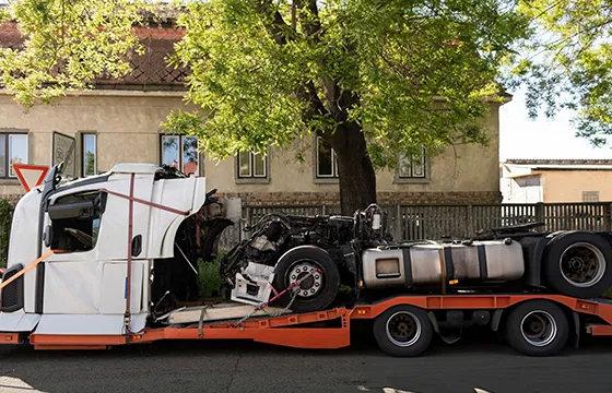 White truck with flatbed trailer transporting a car for instant cash for junk cars in Lawrenceville GA.